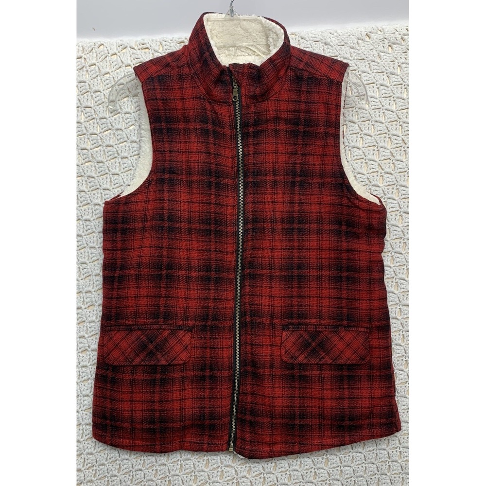 Maurices Women's Vest Size Small Red/Black Plaid White Sherpa Lined Warm